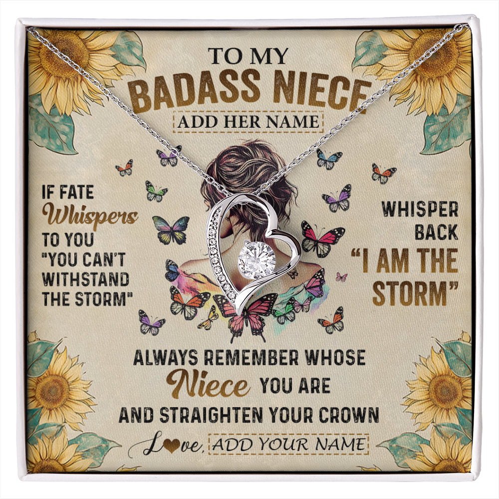 Forever Love Necklace 14K White Gold Finish | 1 | Personalized To My Badass Niece Necklace From Uncle Aunt Auntie I Am The Storm Niece Gifts Birthday Graduation Christmas Customized Gift Box Message Card | siriusteestore