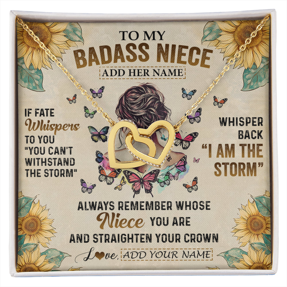 Interlocking Hearts Necklace 18K Yellow Gold Finish | 1 | Personalized To My Badass Niece Necklace From Uncle Aunt Auntie I Am The Storm Niece Gifts Birthday Graduation Christmas Customized Gift Box Message Card | siriusteestore