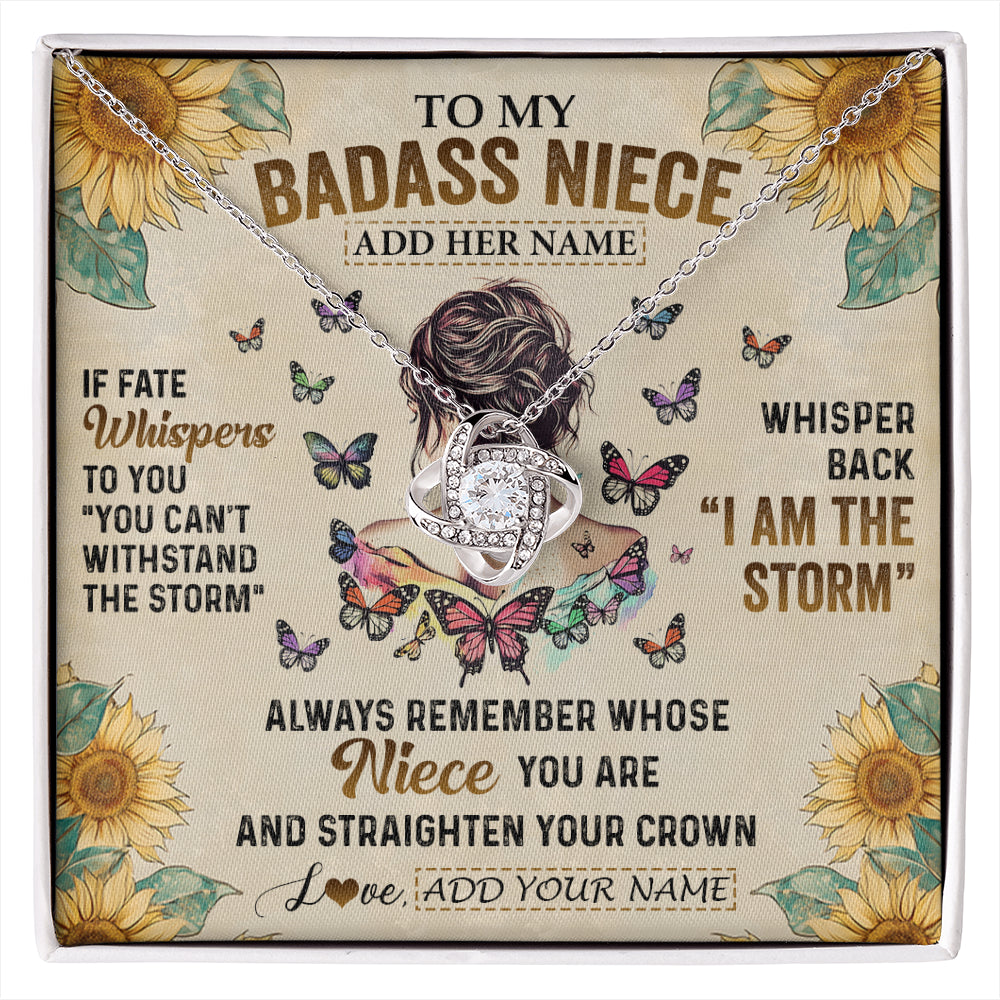 Love Knot Necklace 14K White Gold Finish | 1 | Personalized To My Badass Niece Necklace From Uncle Aunt Auntie I Am The Storm Niece Gifts Birthday Graduation Christmas Customized Gift Box Message Card | siriusteestore