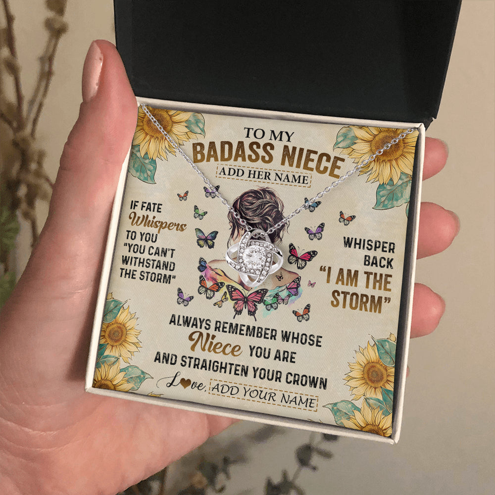 Love Knot Necklace 14K White Gold Finish | 2 | Personalized To My Badass Niece Necklace From Uncle Aunt Auntie I Am The Storm Niece Gifts Birthday Graduation Christmas Customized Gift Box Message Card | siriusteestore