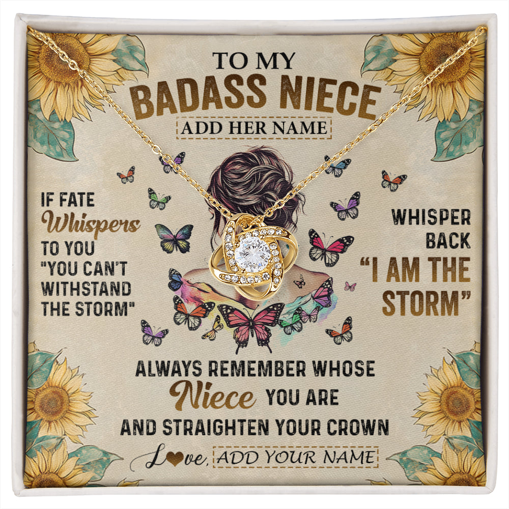 Love Knot Necklace 18K Yellow Gold Finish | 1 | Personalized To My Badass Niece Necklace From Uncle Aunt Auntie I Am The Storm Niece Gifts Birthday Graduation Christmas Customized Gift Box Message Card | siriusteestore