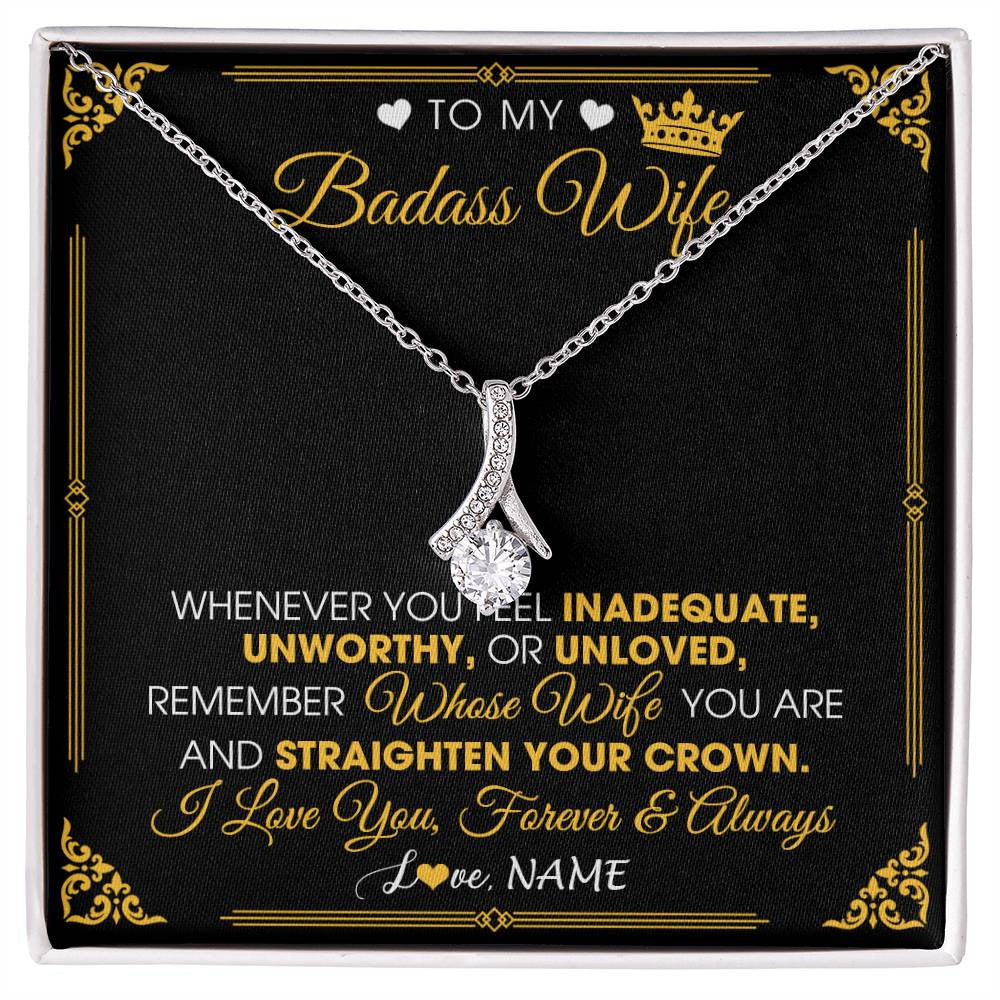Alluring Beauty Necklace 14K White Gold Finish | 1 | Personalized To My Badass Wife Necklace From Husband Crown I Love You Wife Birthday Anniversary Wedding Valentines Day Jewelry Customized Gift Box Message Card | siriusteestore