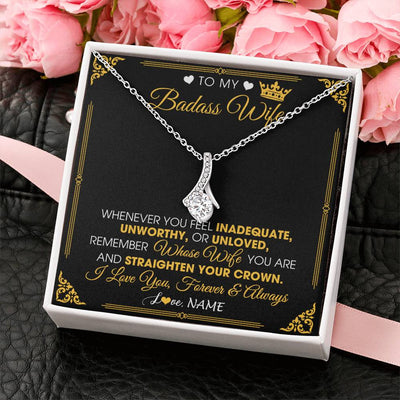 Alluring Beauty Necklace 14K White Gold Finish | 2 | Personalized To My Badass Wife Necklace From Husband Crown I Love You Wife Birthday Anniversary Wedding Valentines Day Jewelry Customized Gift Box Message Card | siriusteestore