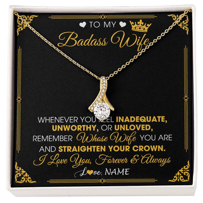 Alluring Beauty Necklace 18K Yellow Gold Finish | 1 | Personalized To My Badass Wife Necklace From Husband Crown I Love You Wife Birthday Anniversary Wedding Valentines Day Jewelry Customized Gift Box Message Card | siriusteestore
