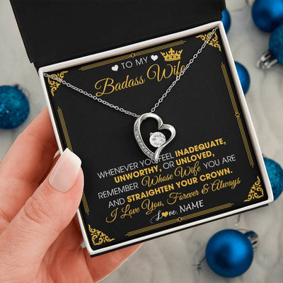 Forever Love Necklace 14K White Gold Finish | 2 | Personalized To My Badass Wife Necklace From Husband Crown I Love You Wife Birthday Anniversary Wedding Valentines Day Jewelry Customized Gift Box Message Card | siriusteestore