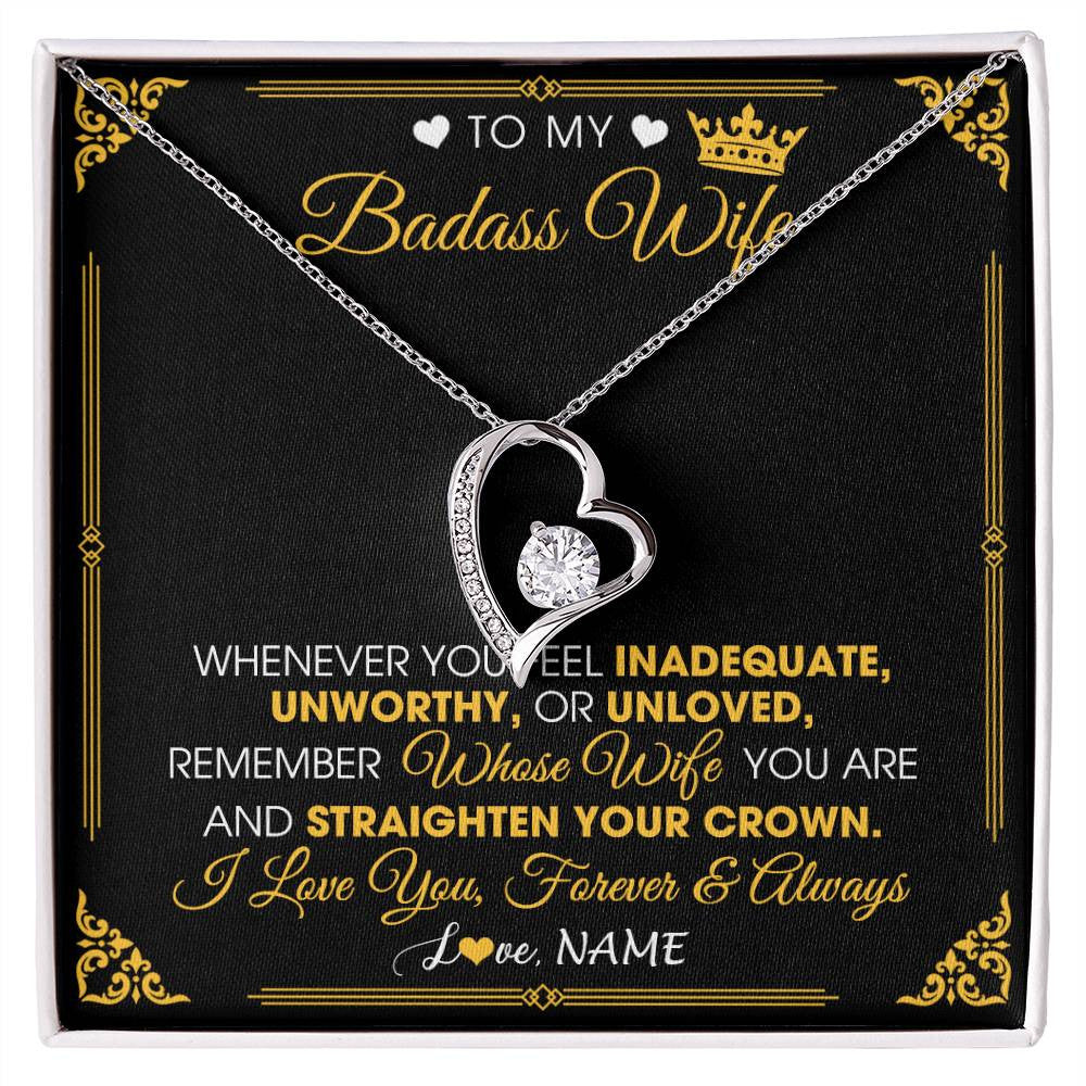 Forever Love Necklace 14K White Gold Finish | 1 | Personalized To My Badass Wife Necklace From Husband Crown I Love You Wife Birthday Anniversary Wedding Valentines Day Jewelry Customized Gift Box Message Card | siriusteestore
