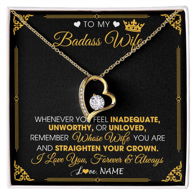 Forever Love Necklace 18K Yellow Gold Finish | 1 | Personalized To My Badass Wife Necklace From Husband Crown I Love You Wife Birthday Anniversary Wedding Valentines Day Jewelry Customized Gift Box Message Card | siriusteestore