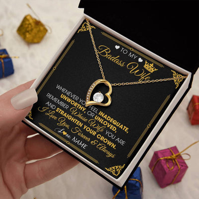 Forever Love Necklace 18K Yellow Gold Finish | 2 | Personalized To My Badass Wife Necklace From Husband Crown I Love You Wife Birthday Anniversary Wedding Valentines Day Jewelry Customized Gift Box Message Card | siriusteestore