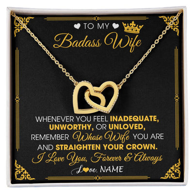Interlocking Hearts Necklace 18K Yellow Gold Finish | 1 | Personalized To My Badass Wife Necklace From Husband Crown I Love You Wife Birthday Anniversary Wedding Valentines Day Jewelry Customized Gift Box Message Card | siriusteestore