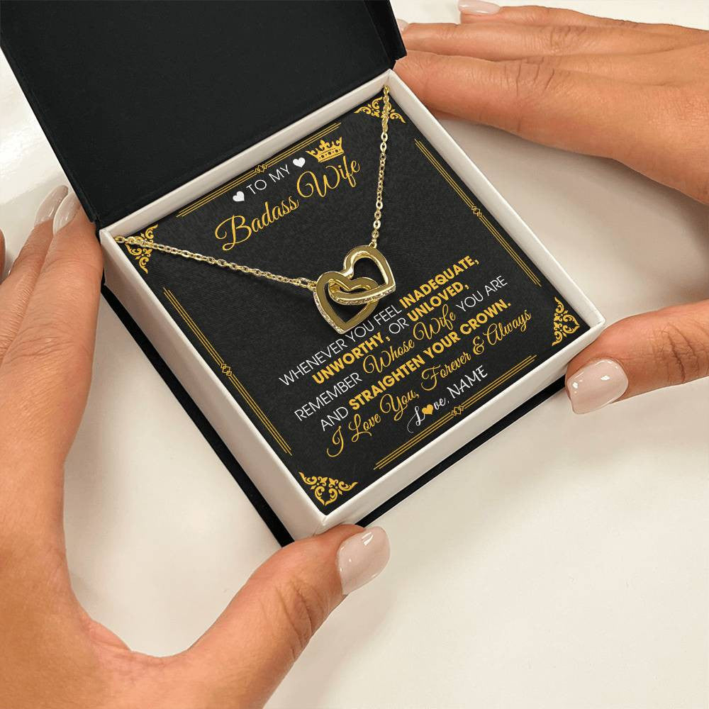 Interlocking Hearts Necklace 18K Yellow Gold Finish | 2 | Personalized To My Badass Wife Necklace From Husband Crown I Love You Wife Birthday Anniversary Wedding Valentines Day Jewelry Customized Gift Box Message Card | siriusteestore