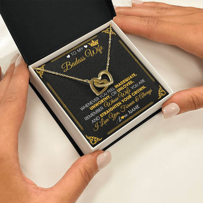 Interlocking Hearts Necklace 18K Yellow Gold Finish | 2 | Personalized To My Badass Wife Necklace From Husband Crown I Love You Wife Birthday Anniversary Wedding Valentines Day Jewelry Customized Gift Box Message Card | siriusteestore