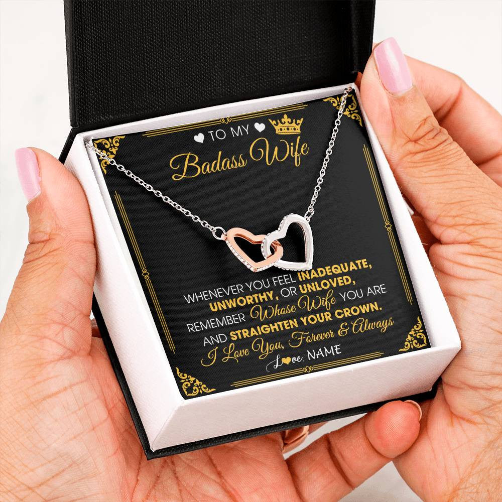 Interlocking Hearts Necklace Stainless Steel & Rose Gold Finish | 2 | Personalized To My Badass Wife Necklace From Husband Crown I Love You Wife Birthday Anniversary Wedding Valentines Day Jewelry Customized Gift Box Message Card | siriusteestore