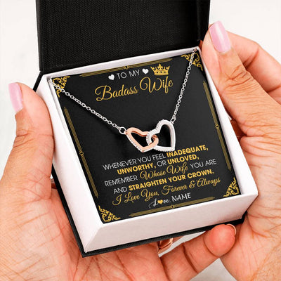 Interlocking Hearts Necklace Stainless Steel & Rose Gold Finish | 2 | Personalized To My Badass Wife Necklace From Husband Crown I Love You Wife Birthday Anniversary Wedding Valentines Day Jewelry Customized Gift Box Message Card | siriusteestore