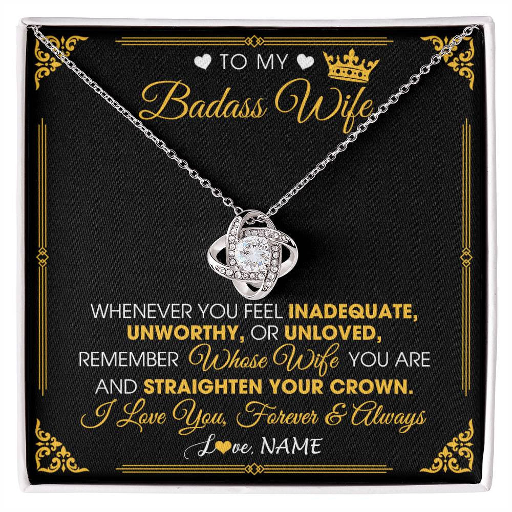 Love Knot Necklace 14K White Gold Finish | 1 | Personalized To My Badass Wife Necklace From Husband Crown I Love You Wife Birthday Anniversary Wedding Valentines Day Jewelry Customized Gift Box Message Card | siriusteestore