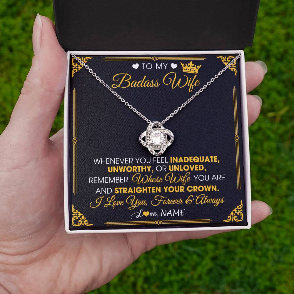Love Knot Necklace 14K White Gold Finish | 2 | Personalized To My Badass Wife Necklace From Husband Crown I Love You Wife Birthday Anniversary Wedding Valentines Day Jewelry Customized Gift Box Message Card | siriusteestore
