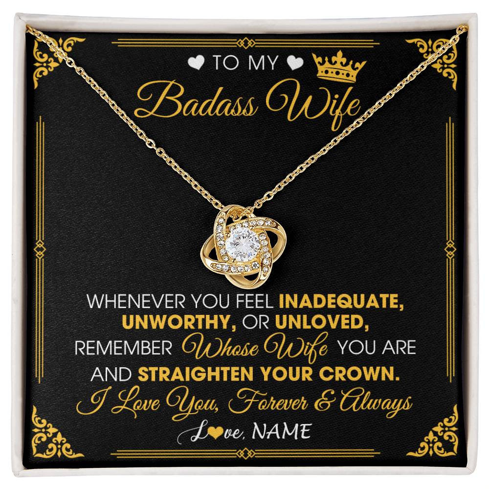 Love Knot Necklace 18K Yellow Gold Finish | 1 | Personalized To My Badass Wife Necklace From Husband Crown I Love You Wife Birthday Anniversary Wedding Valentines Day Jewelry Customized Gift Box Message Card | siriusteestore