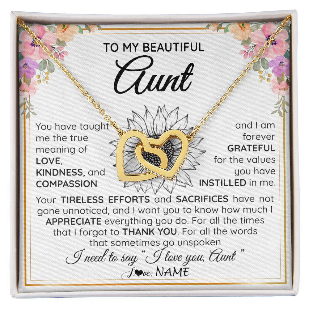 Interlocking Hearts Necklace 18K Yellow Gold Finish | Personalized To My Beautiful Aunt From Niece Nephew Necklace Say I Love You Aunt Birthday Mothers Day Christmas Jewelry Customized Gift Box Message Card | siriusteestore