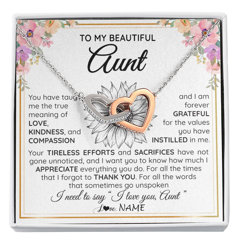 Interlocking Hearts Necklace Stainless Steel & Rose Gold Finish | Personalized To My Beautiful Aunt From Niece Nephew Necklace Say I Love You Aunt Birthday Mothers Day Christmas Jewelry Customized Gift Box Message Card | siriusteestore