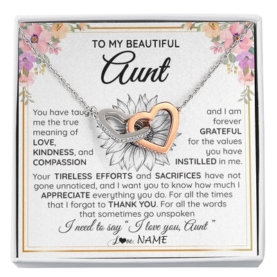 Interlocking Hearts Necklace Stainless Steel & Rose Gold Finish | Personalized To My Beautiful Aunt From Niece Nephew Necklace Say I Love You Aunt Birthday Mothers Day Christmas Jewelry Customized Gift Box Message Card | siriusteestore