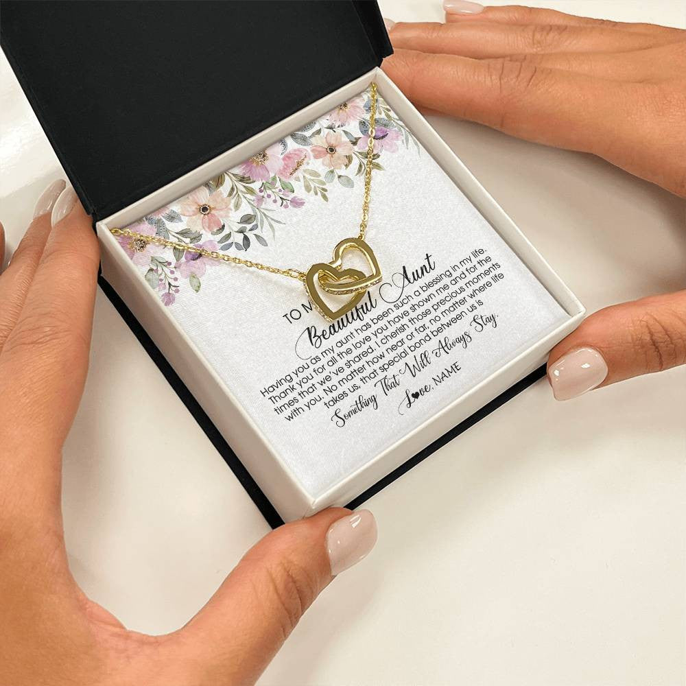Interlocking Hearts Necklace 18K Yellow Gold Finish | Personalized To My Beautiful Aunt Necklace From Niece Nephew Having You As My Aunt Auntie Birthday Mothers Day Christmas Customized Gift Box Message Card | siriusteestore