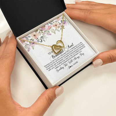Interlocking Hearts Necklace 18K Yellow Gold Finish | Personalized To My Beautiful Aunt Necklace From Niece Nephew Having You As My Aunt Auntie Birthday Mothers Day Christmas Customized Gift Box Message Card | siriusteestore