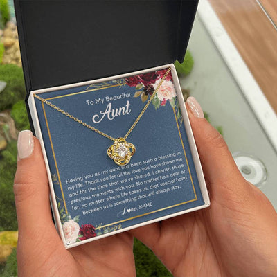Love Knot Necklace 18K Yellow Gold Finish | Personalized To My Beautiful Aunt Necklace From Niece Nephew Thank You For All The Love Aunt Jewelry Birthday Christmas Customized Gift Box Message Card | siriusteestore