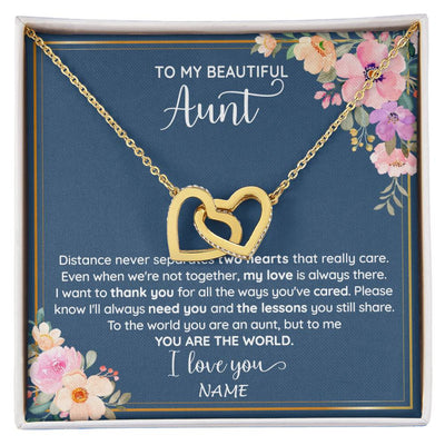 Interlocking Hearts Necklace 18K Yellow Gold Finish | 1 | Personalized To My Beautiful Aunt Necklace From Niece Nephew You Are The World Aunt Birthday Mothers Day Christmas Jewelry Customized Gift Box Message Card | siriusteestore