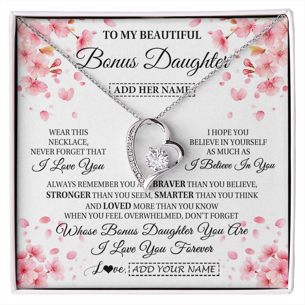 Forever Love Necklace 14K White Gold Finish | 1 | Personalized To My Beautiful Bonus Daughter From Stepdad Stepmom Necklace Never Forget Birthday Gifts For Stepdaughter Gift Christmas Gift Box Message Card | siriusteestore.myshopify