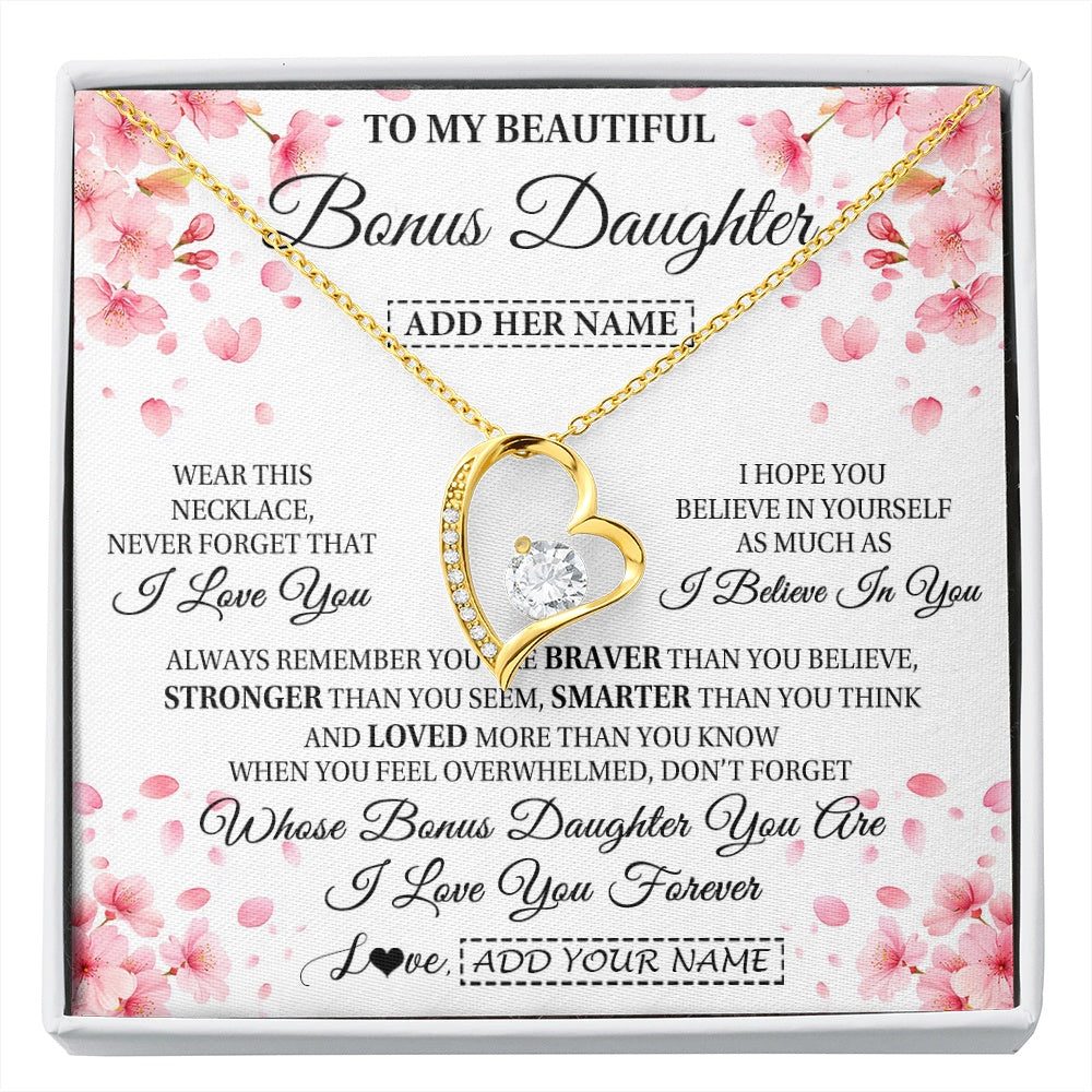 Forever Love Necklace 18K Yellow Gold Finish | 1 | Personalized To My Beautiful Bonus Daughter From Stepdad Stepmom Necklace Never Forget Birthday Gifts For Stepdaughter Gift Christmas Gift Box Message Card | siriusteestore.myshopify