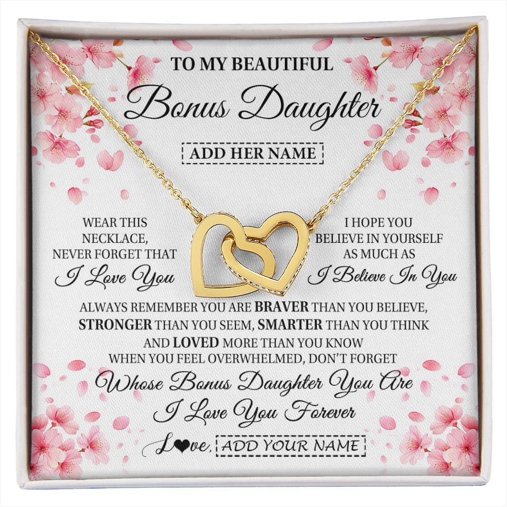 Interlocking Hearts Necklace 18K Yellow Gold Finish | 1 | Personalized To My Beautiful Bonus Daughter From Stepdad Stepmom Necklace Never Forget Birthday Gifts For Stepdaughter Gift Christmas Gift Box Message Card | siriusteestore.myshopify