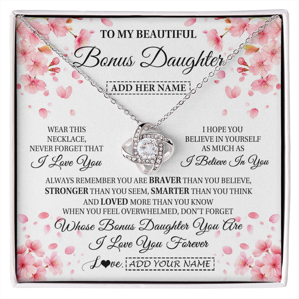 Love Knot Necklace 14K White Gold Finish | 1 | Personalized To My Beautiful Bonus Daughter From Stepdad Stepmom Necklace Never Forget Birthday Gifts For Stepdaughter Gift Christmas Gift Box Message Card | siriusteestore.myshopify