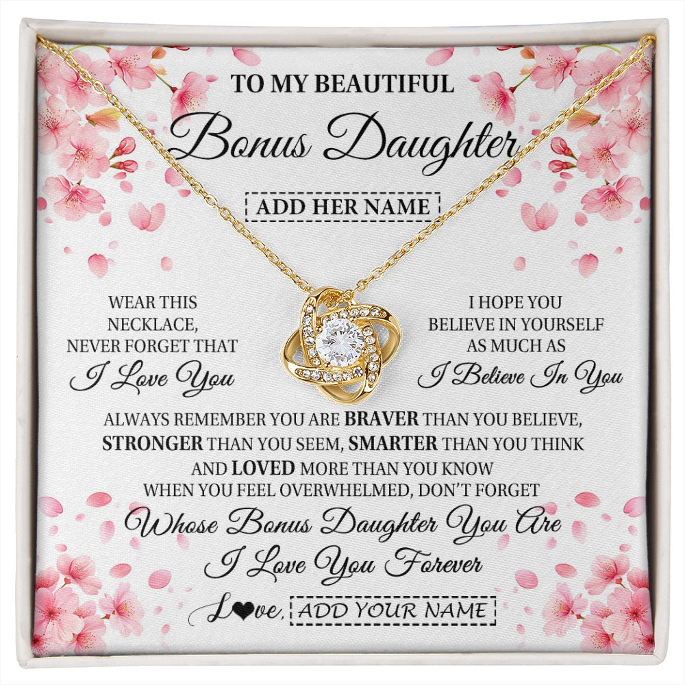 Love Knot Necklace 18K Yellow Gold Finish | 1 | Personalized To My Beautiful Bonus Daughter From Stepdad Stepmom Necklace Never Forget Birthday Gifts For Stepdaughter Gift Christmas Gift Box Message Card | siriusteestore.myshopify