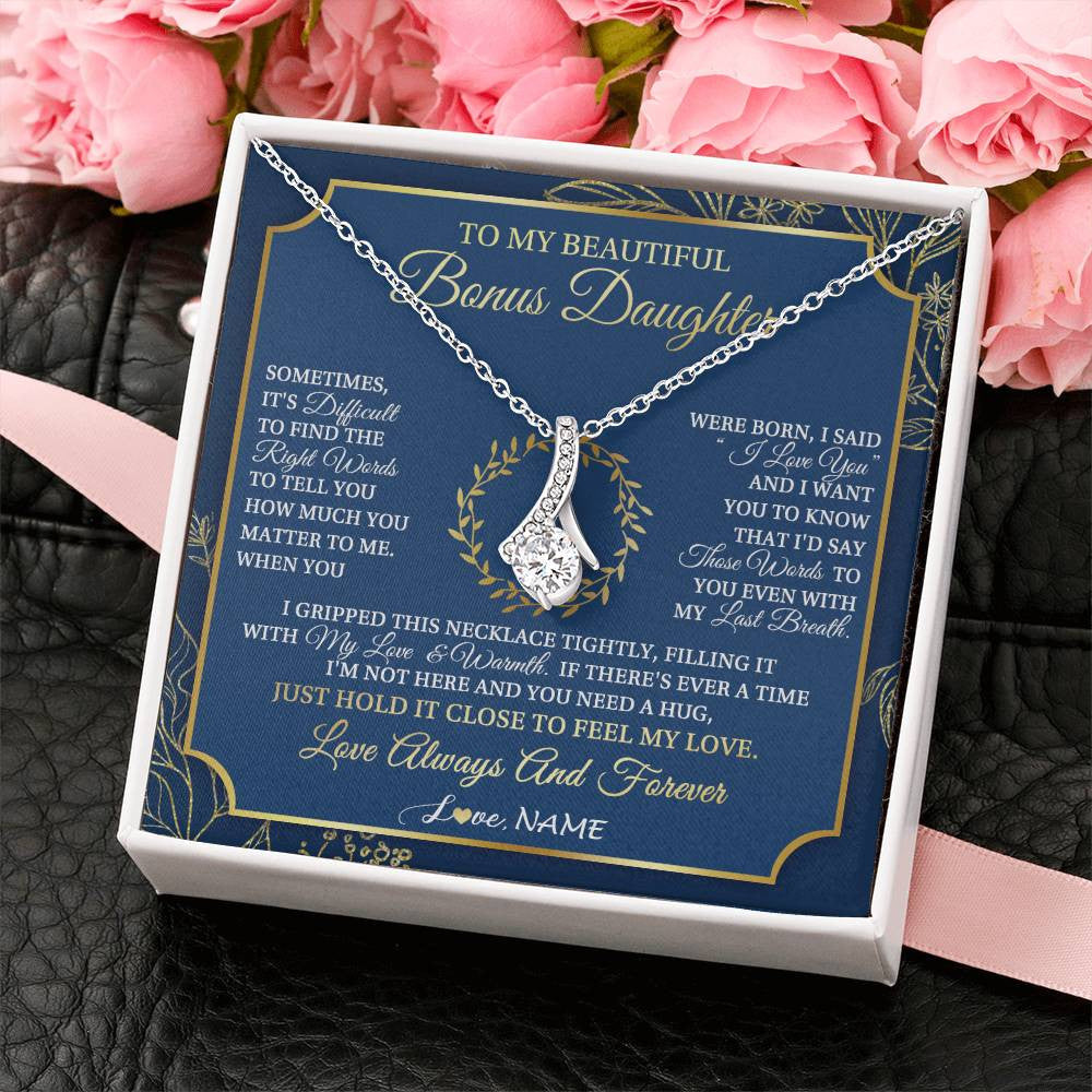 Alluring Beauty Necklace 14K White Gold Finish | 2 | Personalized To My Beautiful Bonus Daughter From Stepmom Dad I Gripped This Necklace Jewelry Birthday Gifts Christmas Customized Gift Box Message Card | siriusteestore