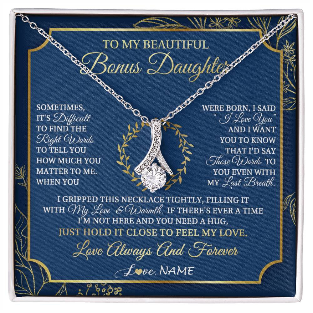 Alluring Beauty Necklace 14K White Gold Finish | 1 | Personalized To My Beautiful Bonus Daughter From Stepmom Dad I Gripped This Necklace Jewelry Birthday Gifts Christmas Customized Gift Box Message Card | siriusteestore