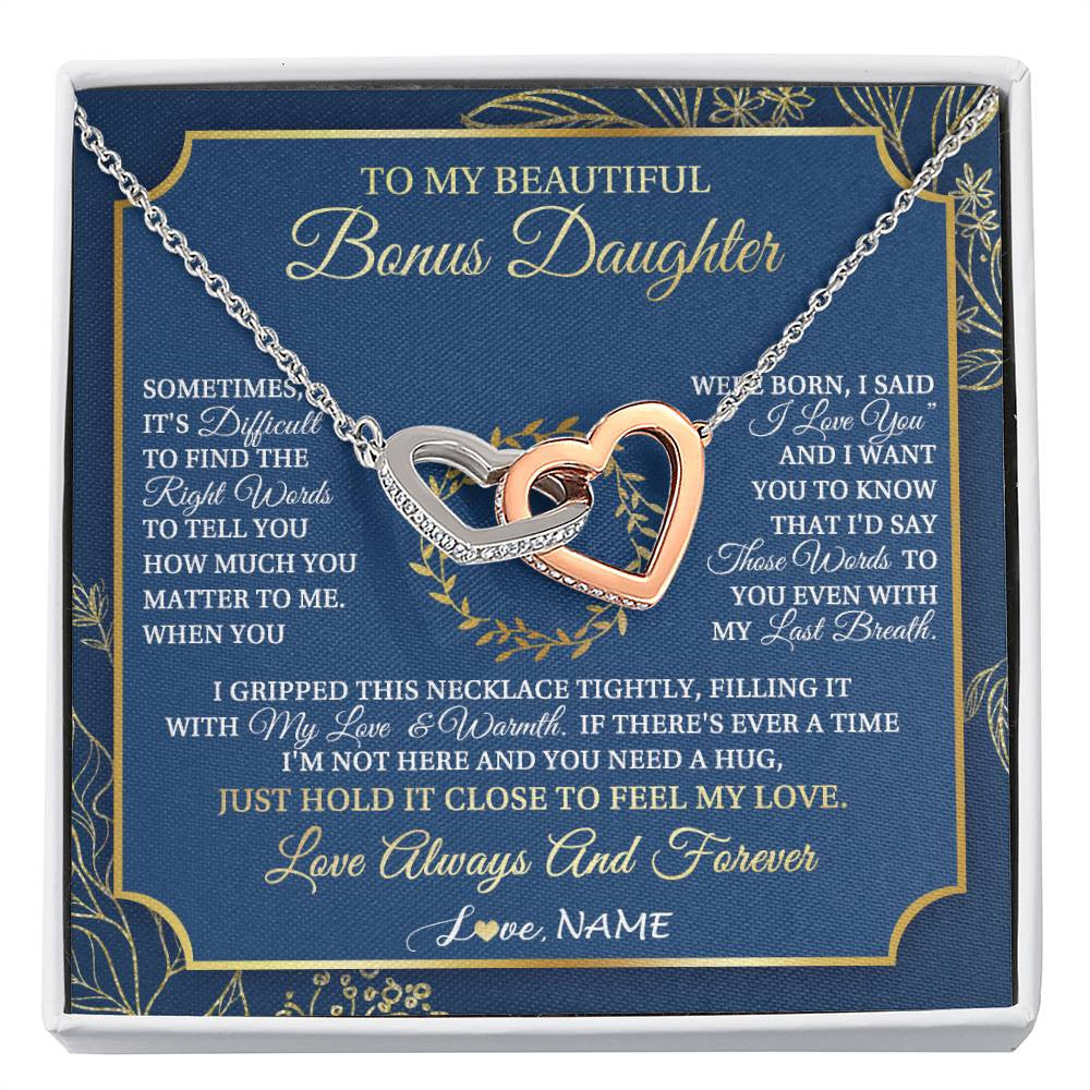 Interlocking Hearts Necklace Stainless Steel & Rose Gold Finish | 1 | Personalized To My Beautiful Bonus Daughter From Stepmom Dad I Gripped This Necklace Jewelry Birthday Gifts Christmas Customized Gift Box Message Card | siriusteestore