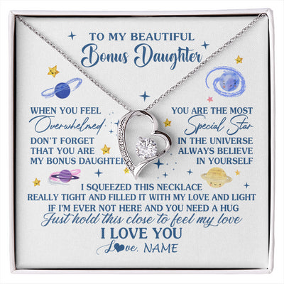 Forever Love Necklace 14K White Gold Finish | 1 | Personalized To My Beautiful Bonus Daughter Gifs From Bonus Mom Necklace Inspirational Stepddaughter Birthday Gifts Christmas Customized Gift Box Message Card | siriusteestore