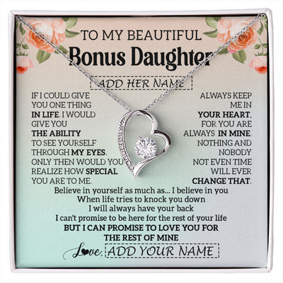 Forever Love Necklace 14K White Gold Finish | 1 | Personalized To My Beautiful Bonus Daughter Gifts Necklace From Step Mom Love Jewelry For Stepddaughter Birthday Christmas Customized Gift Box Message Card | siriusteestore