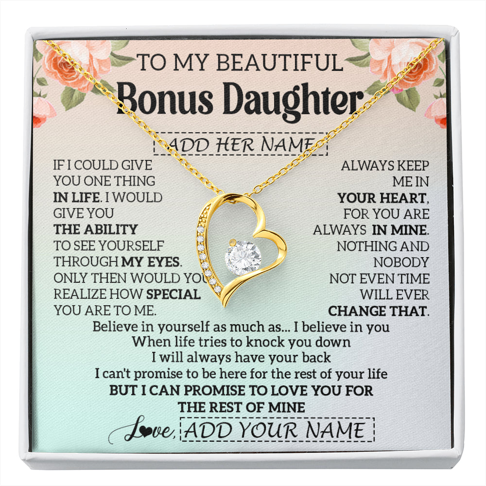 Forever Love Necklace 18K Yellow Gold Finish | 1 | Personalized To My Beautiful Bonus Daughter Gifts Necklace From Step Mom Love Jewelry For Stepddaughter Birthday Christmas Customized Gift Box Message Card | siriusteestore