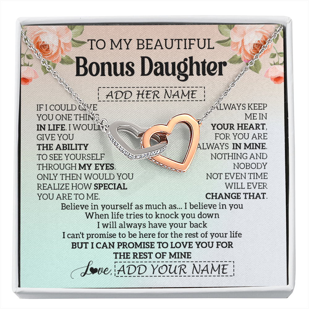 Interlocking Hearts Necklace Stainless Steel & Rose Gold Finish | 1 | Personalized To My Beautiful Bonus Daughter Gifts Necklace From Step Mom Love Jewelry For Stepddaughter Birthday Christmas Customized Gift Box Message Card | siriusteestore