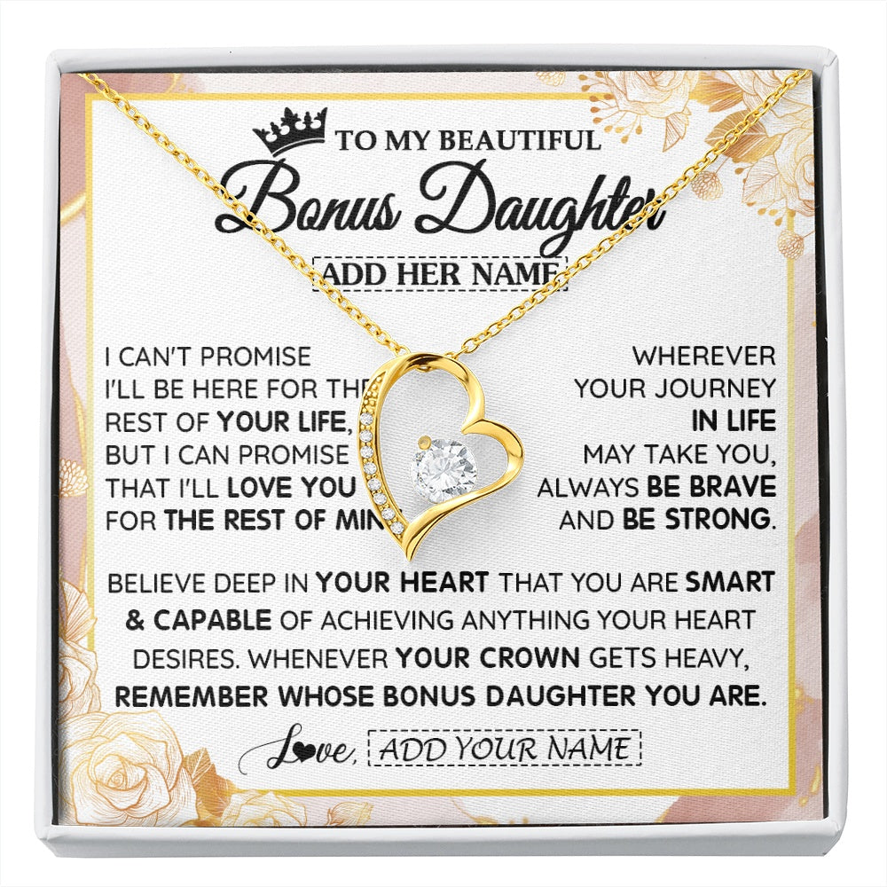 Forever Love Necklace 18K Yellow Gold Finish | 1 | Personalized To My Beautiful Bonus Daughter Gifts Necklace From Stepmom Stepdad Crown Jewelry Present On Birthday Stepdaughter Christmas Gift Box Message Card | https://siriusteestore.