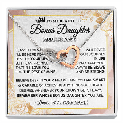 Interlocking Hearts Necklace Stainless Steel & Rose Gold Finish | 1 | Personalized To My Beautiful Bonus Daughter Gifts Necklace From Stepmom Stepdad Crown Jewelry Present On Birthday Stepdaughter Christmas Gift Box Message Card | https://siriusteestore.