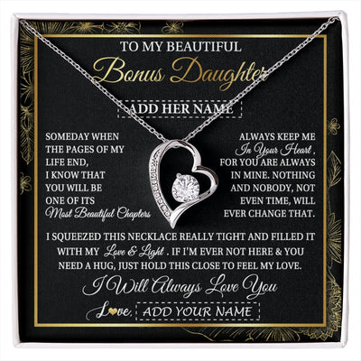 Forever Love Necklace 14K White Gold Finish | 1 | Personalized To My Beautiful Bonus Daughter Gifts Necklace From Stepmom Stepdad Feel My Love For Adult Stepdaughter Christmas Graduation Gift Box Message Card | https://siriusteestore.