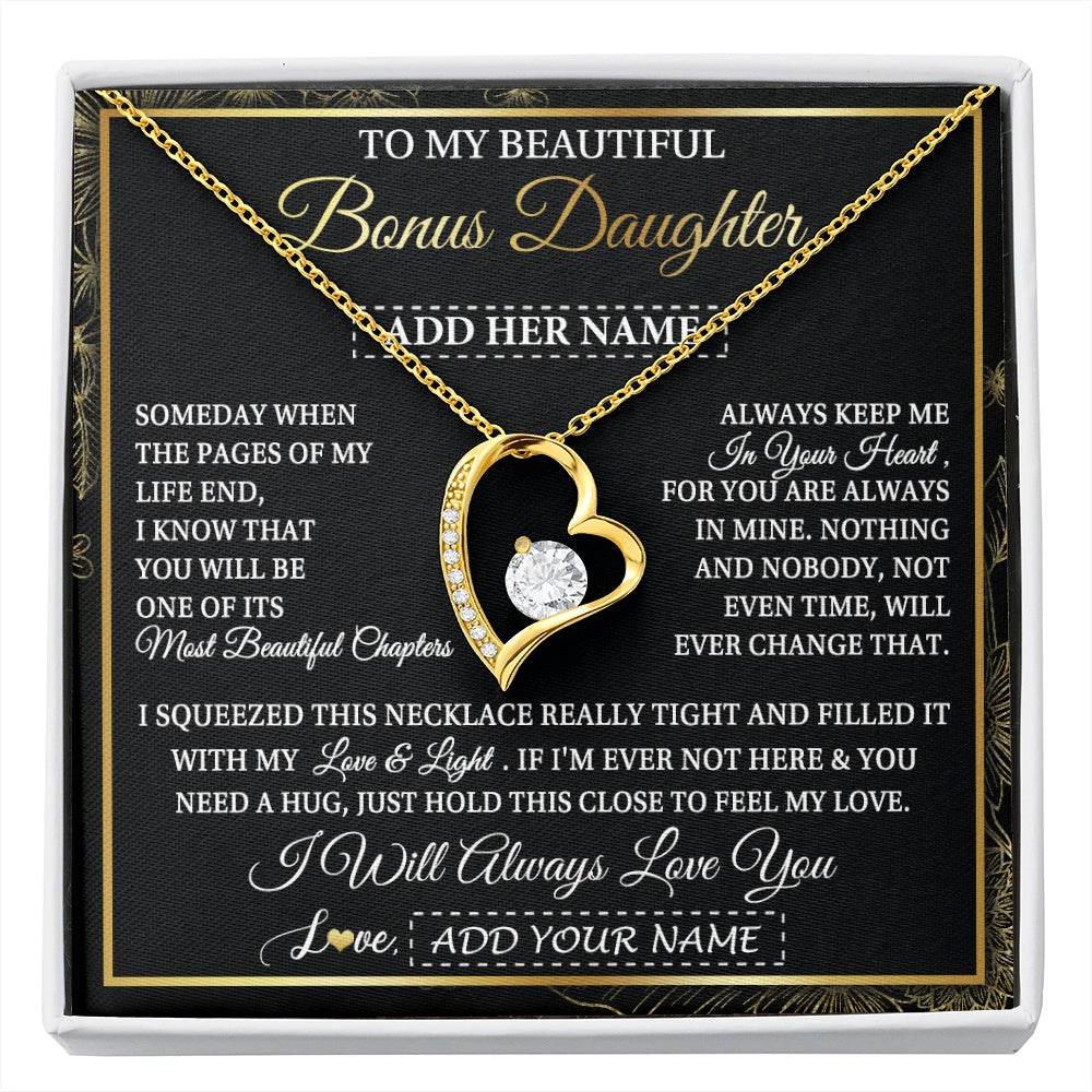 Forever Love Necklace 18K Yellow Gold Finish | 1 | Personalized To My Beautiful Bonus Daughter Gifts Necklace From Stepmom Stepdad Feel My Love For Adult Stepdaughter Christmas Graduation Gift Box Message Card | https://siriusteestore.