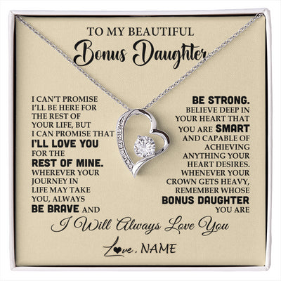 Forever Love Necklace 14K White Gold Finish | 1 | Personalized To My Beautiful Bonus Daughter Gifts Necklace From Stepmom Stepdad Inspirational Birthday Gift For Stepddaughter Graduation Christmas Message Card | siriusteestore