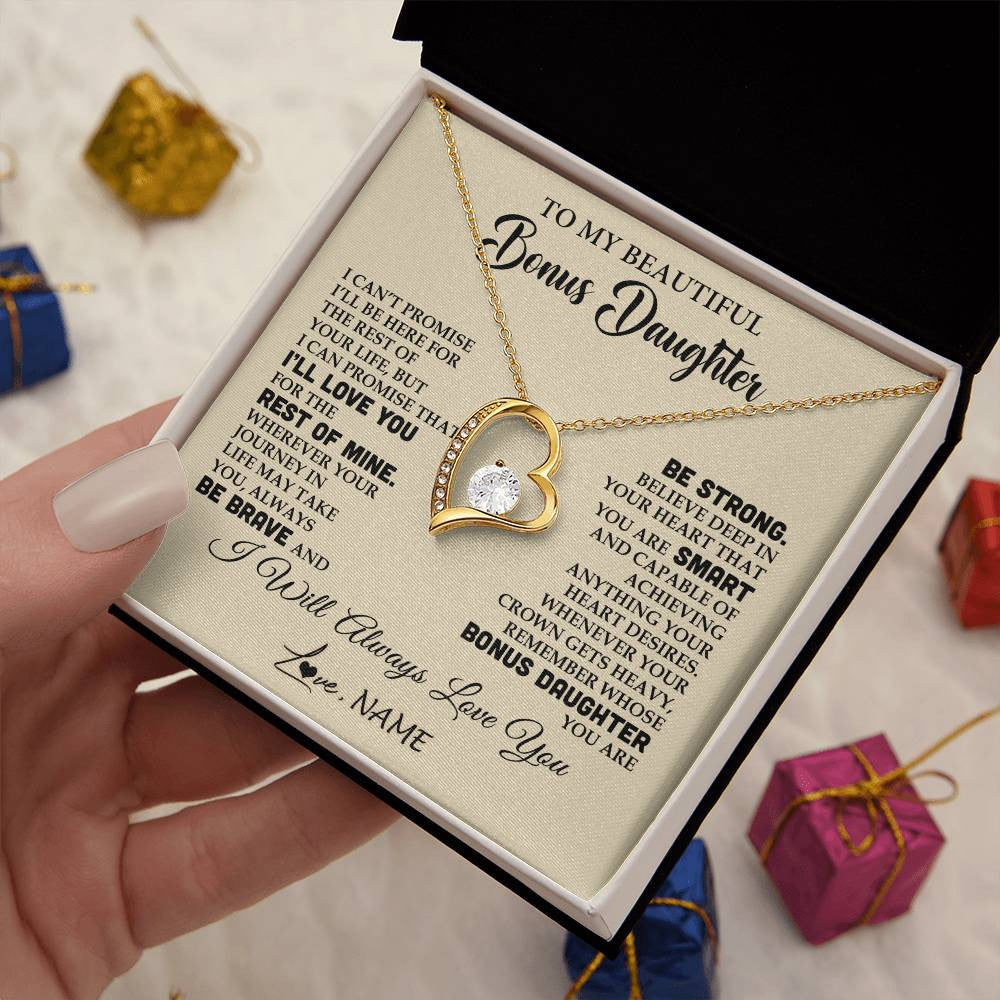 Forever Love Necklace 18K Yellow Gold Finish | 2 | Personalized To My Beautiful Bonus Daughter Gifts Necklace From Stepmom Stepdad Inspirational Birthday Gift For Stepddaughter Graduation Christmas Message Card | siriusteestore