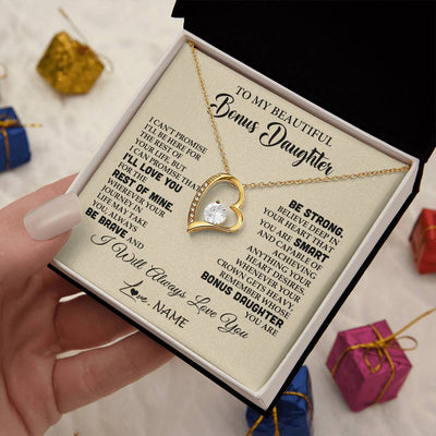 Forever Love Necklace 18K Yellow Gold Finish | 2 | Personalized To My Beautiful Bonus Daughter Gifts Necklace From Stepmom Stepdad Inspirational Birthday Gift For Stepddaughter Graduation Christmas Message Card | siriusteestore