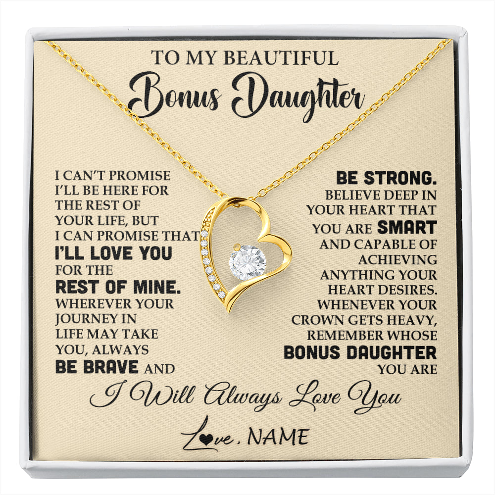Forever Love Necklace 18K Yellow Gold Finish | 1 | Personalized To My Beautiful Bonus Daughter Gifts Necklace From Stepmom Stepdad Inspirational Birthday Gift For Stepddaughter Graduation Christmas Message Card | siriusteestore