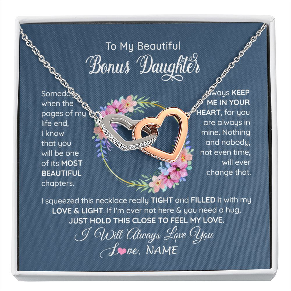 Interlocking Hearts Necklace | Personalized To My Beautiful Bonus Daughter Necklace From Bonus Mom Someday When The Pages Bonus Daughter Birthday Christmas Customized Gift Box Message Card | siriusteestore