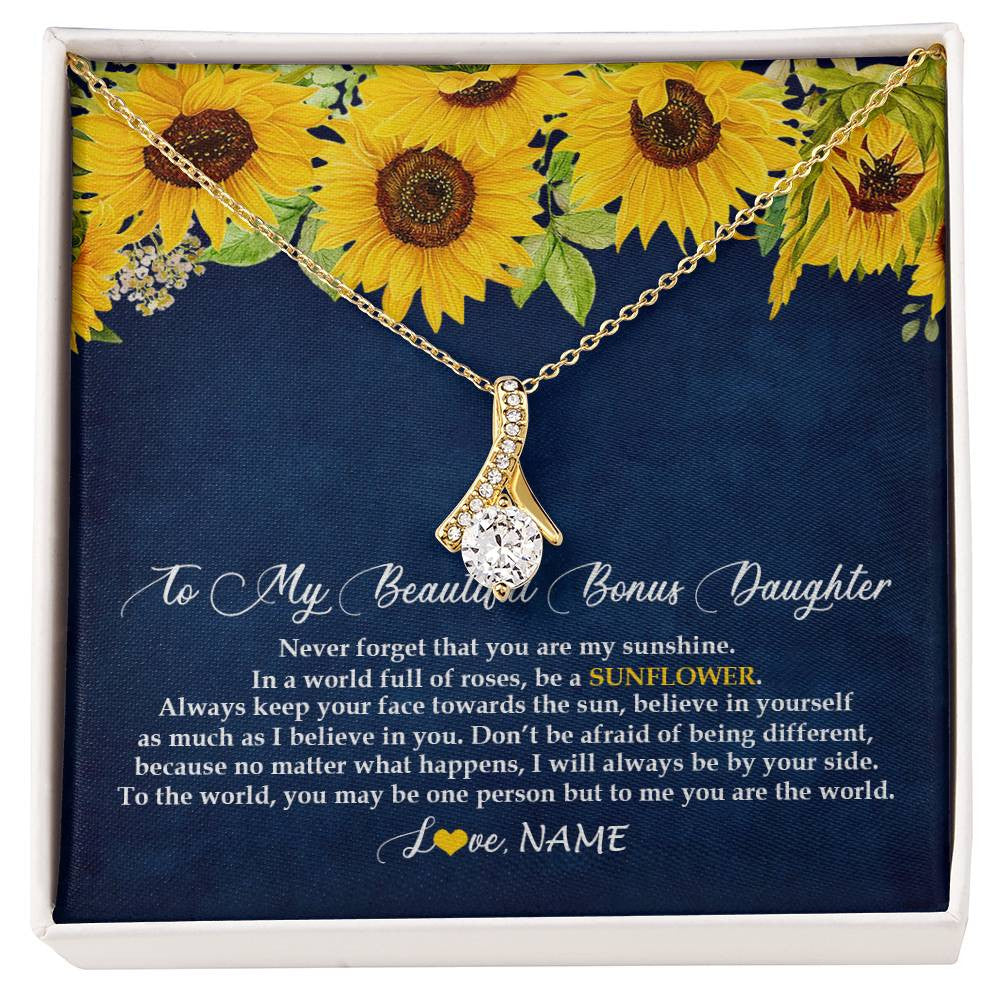 Alluring Beauty Necklace 18K Yellow Gold Finish | Personalized To My Beautiful Bonus Daughter Necklace From Mom Be A Sunflower My Sunshine Stepdaughter Birthday Christmas Customized Gift Box Message Card | siriusteestore