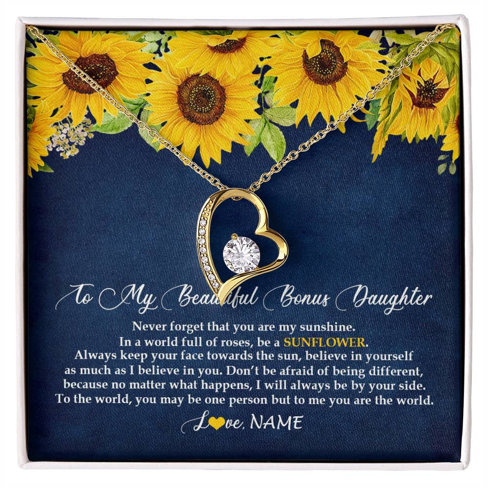 Forever Love Necklace 18K Yellow Gold Finish | Personalized To My Beautiful Bonus Daughter Necklace From Mom Be A Sunflower My Sunshine Stepdaughter Birthday Christmas Customized Gift Box Message Card | siriusteestore